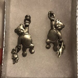 JJ bear teddy bear post earrings dangle silver tone